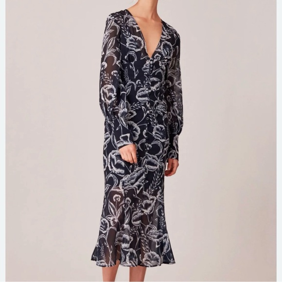 C/MEO Collection Discretion Navy Blue Floral Print Midi Dress - Sz S - Picture 2 of 16